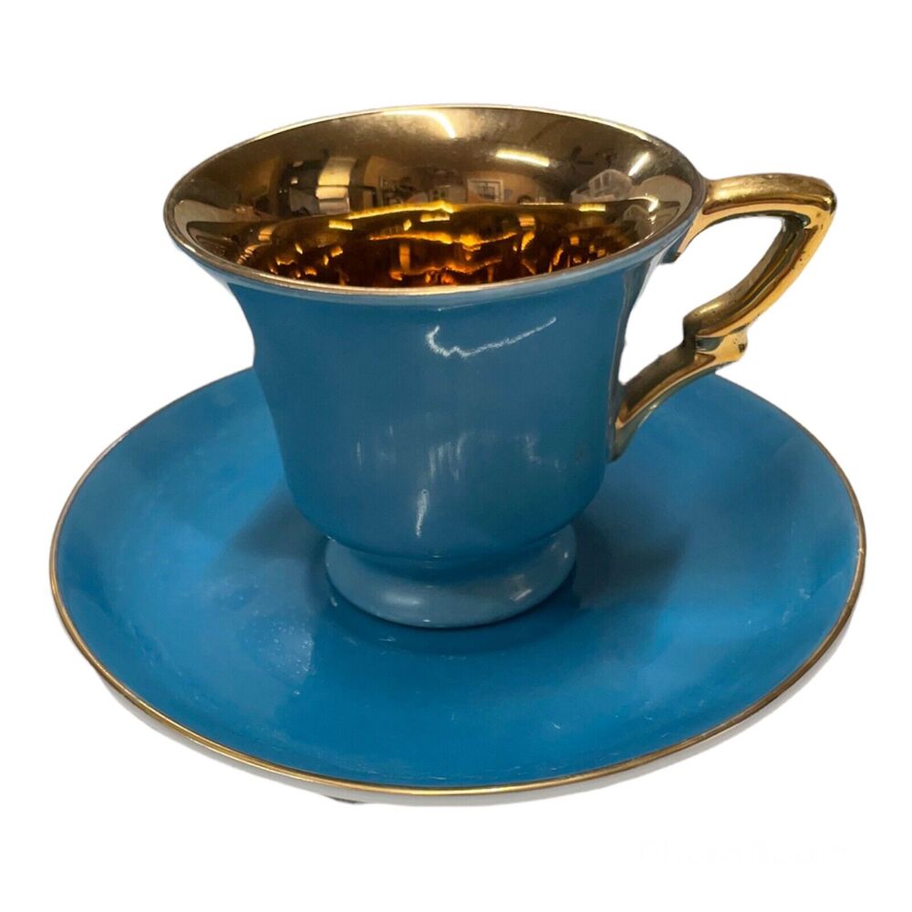 Lefton China hand painted cup and saucer Aqua blue with gold inlay 1643 Guilt